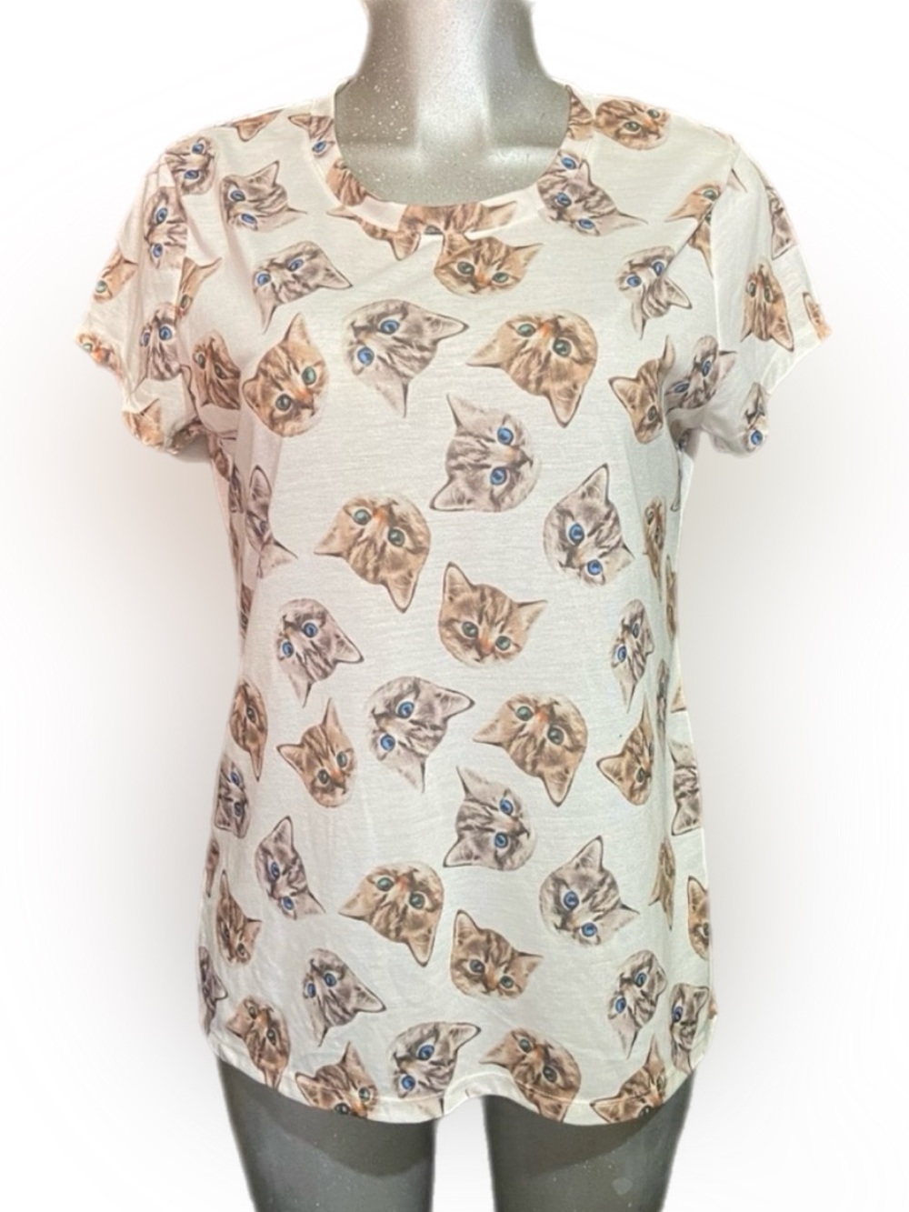 Cat Face Print Short Sleeve T-Shirt Tabby Graphic Kitten Sz Large Quirky Feline